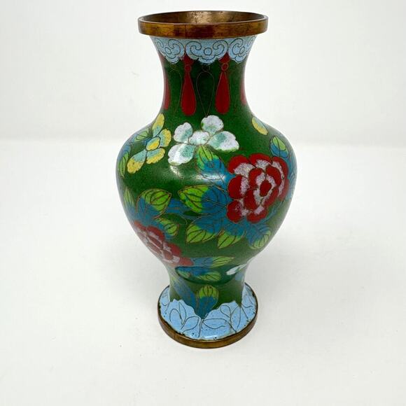 Antique Chinese Cloisonne Jade Green & Cobalt Blue Enameled 1920s Floral Vase - Picture 2 of 7